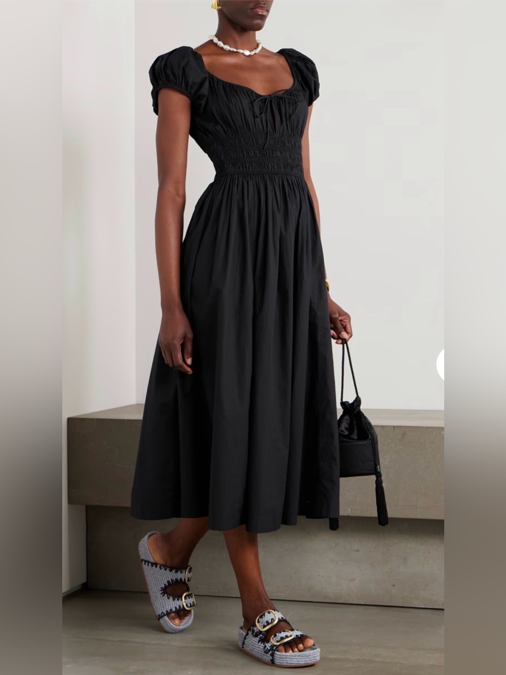 Dôen Quinn Black Smocked Waist Midi Skirt